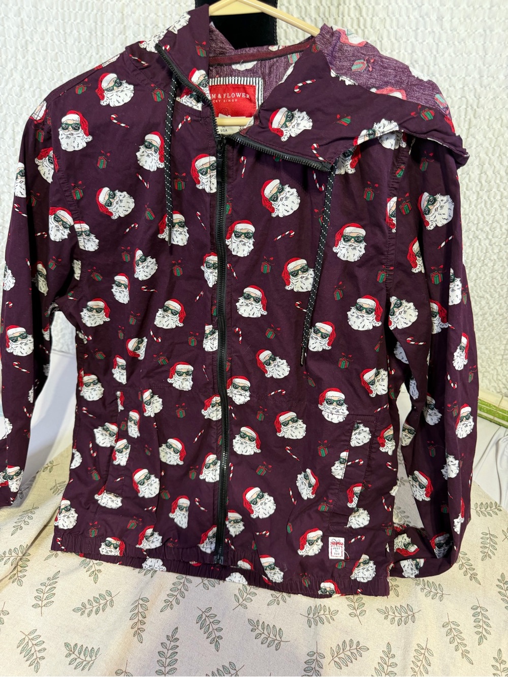 Denim & Flower Burgundy Santa Print Hooded Raincoat